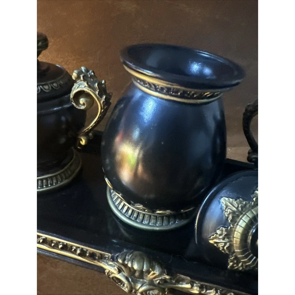 Hollywood Regency Resin Inkwell & Urn Vanity Tray 4pc Set Black Gold Decor